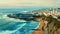 Drone view over sandy beach  touristic city Ericeira , Portugal. Aerial view - touristic coastline on summer while sunset.