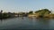 Drone view of people paddling and kayaking in Yarkon river, Tel Aviv, Israel