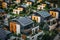 Drone view photo of urban neighborhood among private houses with solar panels on the roofs. Solar panels as eco-energy, ecology,