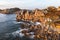 .Drone view of Primel Tregastel, ocean coast in France, Brittany at sunset