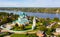 Drone view of the Resurrection Cathedral and residential areas in the city of Tutaev