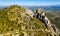 Drone view of ruins of Castle de Queribus on stone peak, France