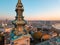 Drone view of Saborna crkva cathedral during sunset with Belgrade downtown in the background