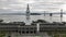 Drone view of San Francisco skyline with historic Ferry Building and Oakland Bay Bridge, California