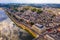 Drone view of Saumur overlooking theatre Le Dome, France