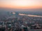 Drone view of Sava river, bridges and thick smog over Belgrade