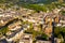 Drone view of summer cityscape of Espalion on Lot river, France