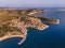 Drone view of Thasos Island, Greece. Skala Marion and Platanes Beach and harbour in southern Thasos, in the Aegean Sea