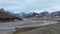 Drone view of Thorsmork mountains and river, highlands of Iceland. Stunning birds eye view of icelandic countryside with