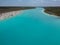 Drone view to blue water in the Bacalar lagoon