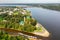 Drone view of the Volga River and temples, as well as residential areas in the city of Uglich