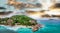 Drone viewpoint of Anse Patates, La Digue Island, Seychelles