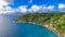 Drone viewpoint of beautiful Anse La Liberte\\\', Seychelles coastline on a sunny day