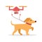 Drone walks the dog remotely. Cheerful running puppy walks on his own, on leash by flying quadrocopter . Vector Flat Art