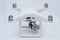 Drone, white studio background shooting, quadrocopter fpv fly camera rc controller