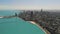 Drone wide footage of Chicago downtown skyline on sunny day. Aerial view
