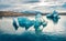 Only by drone you can make so close picture of icebergs in Jokulsarlon Glacier Lagoon. Amazinf summer scene of Vatnajokull Nationa