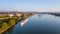 Drones aerial view of the city Mainz and river Rhine Tavel Germany