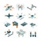 Drones. Aircraft innovation aerial technique vector aviation pictures isometric