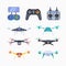 Drones. Aircraft smart delivery services flying outdoor remote control drones garish vector flat illustrations