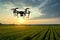 Drones flying over vast agricultural fields, advanced farming techniques