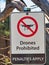 Drones Prohibited, Penalties Apply, Sign