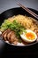 A drool-worthy image of a spicy bowl of ramen noodles, topped with slices of tender pork