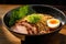 A drool-worthy image of a spicy bowl of ramen noodles, topped with slices of tender pork