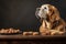 drooling dog staring intently at a treat on a table