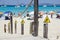 Drop warning sign , falling of the edge yellow triangle warning sign on the beach