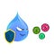 Drop of water character holds shield to protect from virus cartoon art