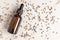 Dropper bottle of lavandula essential oil, scattered flowers of dried purple lavender blossom on marble table. Herbal aromatherapy