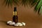 Dropper dark glass bottle with pipette or droplet. Mock up Essential liquid .Trendy background tropical leaves and sea stones