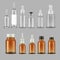 Dropper glass bottle. Realistic medical containers for pills capsules eye drops aromatic oil. Vector plastic and glass
