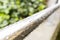 Drops on chrome shiny handrails after rain on a background of green foliage