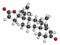 Drospirenone contraceptive drug molecule. Progestin used in birth control pills. Atoms are represented as spheres with