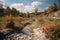 drought-affected area in the countryside, with dried stream and withered plants