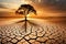 Drought And Climate Change, Landscape Of Dry Cracked Earth And Dead Tree At Sunset Metaphor Global Warming, Water C. Generative AI