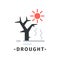 Drought disaster icon with hot red sun and dry tree. Ecological catastrophe. Dangerous situation. Flat vector
