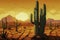 Drought in Mexico. Dry land with deep cracks on background of large cactus and mountains. Heat, sunset. Concept of climate change