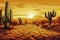 Drought in Mexico. Dry land with deep cracks on background of large cactus and mountains. Heat, sunset. Concept of climate change