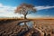 Drought stricken soil bears lone tree, portraying climate changes water shortage impact