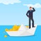 Drowning corrupt character male on white paper boat, stolen gold dollar coin flat vector illustration. Financial fraud