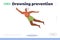 Drowning prevention landing page with flat cartoon active old mature woman character swimming