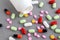 drug medicines background, top view flat lay