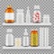 Drugs, medications packaging vector. Realistic bottles on shelf illustration