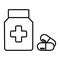 Drugstore. Medicine bottle and pills. Medicament icon. Vector illustration