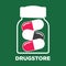 Drugstore or pharmacy medical pills or capsules in glass bottle