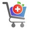 Drugstore shopping flat icon. Market cart with medical cross vector illustration isolated on white. Pharmacy shopping