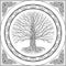 Druidic Yggdrasil contour tree, round black and white gothic logo. ancient book style.